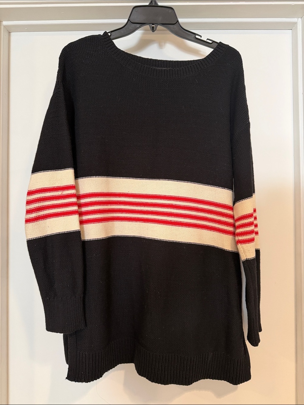 Ann Taylor Black Crewneck Sweater with Cream and Red Stripe Band